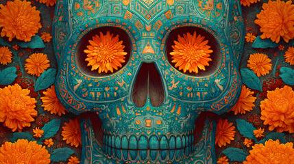 Vibrant Sugar Skull Adorned with Alebrije Patterns and Surrounded by Marigold Flowers