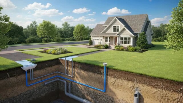 cross-section view of suburban house and yard revealing an intricate underground plumbing system Blue pipes supply water while grey pipes manage drainage and septic leading to gravel-filled area