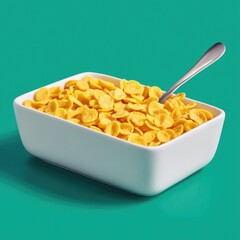 A rectangular white bowl filled with golden yellow cereal flakes. A silver spoon rests atop the cereal