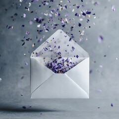 A white envelope filled with purple confetti, suspended in mid-air, with more confetti falling around it