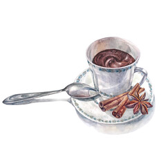 Watercolor cup of hot chocolate with spoon and cinnamon isolated on white background. Winter sweet drink with condiment for cute evening. Dessert for cookbook. Clipart for wallpaper or wrapping