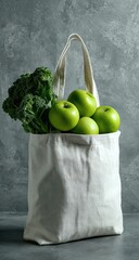 Reusable tote bag filled with green apples and chard