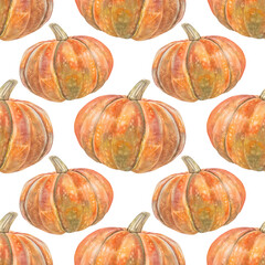 Watercolor seamless pattern with orange pumpkin on white background. October autumn vegetable raw food for sticker or halloween card. Hand-drawn art for kitchen. Wallpaper and wrapping or textile