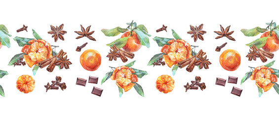 Watercolor seamless border with orange tangerine cinnamon and chocolate on white background. Fragrance condiment and fruit for dessert or drink. Christmas food. Rim for cookbook. Wallpaper wrapping