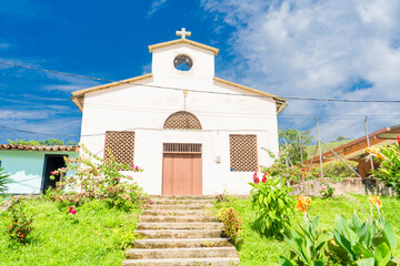 Caracolí, Antioquia-Colombia. March 29, 2023. Church. Chapel and Old Railway Station in the F. Gómez town center, on the road that leads from San José del Nus to the municipality.
