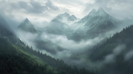 Obraz premium A misty mountain range under an atmospheric sky, conveying vastness and mystery.