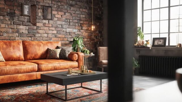 Cozy industrial loft living room with exposed brick wall, stylish brown leather sofa, and modern decor for urban lifestyle.