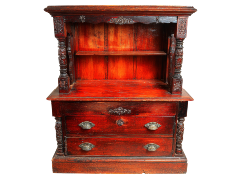 Antique carved wood hutch buffet server cabinet two drawers, Isolated On Transparent Background, Png