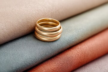 A gold ring sits atop stacked swatches of textured fabric