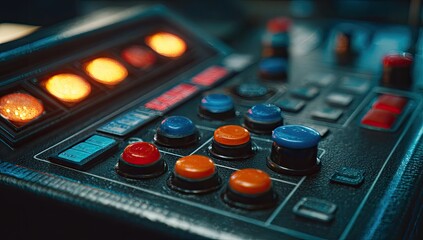 Close-up of a control panel with glowing lights, buttons, and intricate details