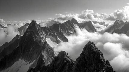 B&W image of jagged mountain peaks piercing fluffy clouds, creating a dramatic, high-altitude landscape
