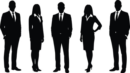 Silhouette of business professionals, men and women standing together, office workers team, corporate group illustration, professional people teamwork concept