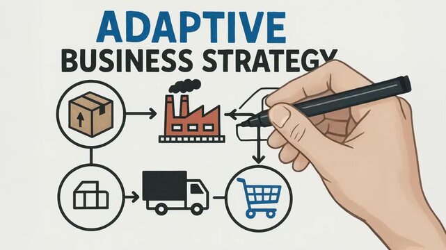 Adaptive business strategy planning diagram and flowchart infographic combining hand drawn supply production logistics retail connections confident