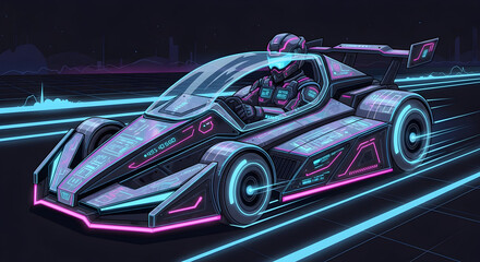 Racing Futuristic Car with Driver Neon Accents on Digital Grid