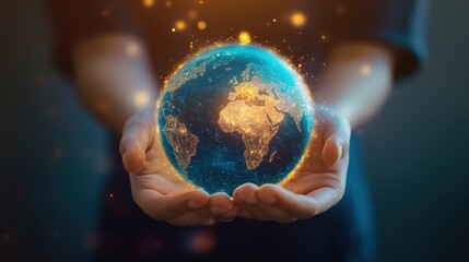 Fototapeta premium A person holding a glowing, holographic Earth in their hands, symbolizing global connection, environmental care, or digital world.