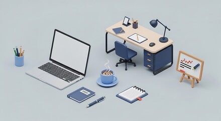 Isometric Workspace Illustration: Laptop, Desk, Coffee, and Organizational Tools for Productivity