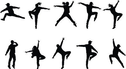 Silhouette of dancers in motion, people jumping, performing modern dance, expressive movement, energetic style, vector illustration, celebration, contemporary art