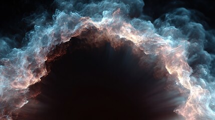 A glowing portal-like formation of ethereal, swirling clouds in blues, golds, and browns against a dark void