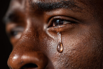 Close-up man crying teardrop sad emotion mental pain