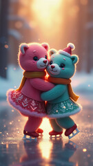 Cute rainbow bears cheerfully ice skating on shimmering skates across magical frozen lake wearing sparkling festive costumes. Bears for Christmas and New Year celebration.