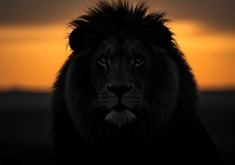 Majestic lion portrait in silhouette against a golden african sunset