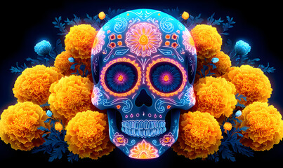 Vibrantly Colored Sugar Skull Adorned with Intricate Alebrije Patterns Surrounded by Marigolds