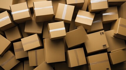 A pile of brown cardboard boxes neatly stacked, representing logistics, delivery, or e-commerce.