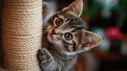 A playful kitten exploring a cozy indoor space.