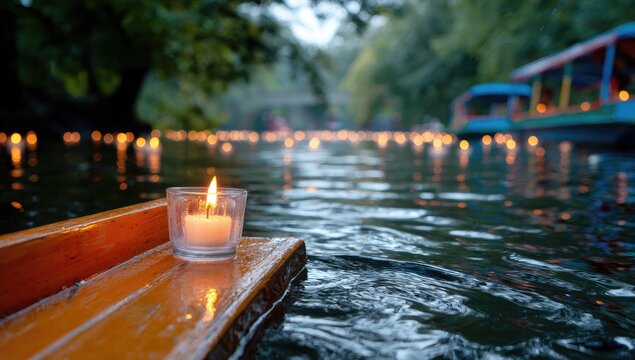 A candle on a floating platform with lit candles and boats on a tranquil river at dusk