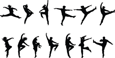 Silhouette of dancers jumping, performing dance moves, modern style, energetic people, vector illustration, dance performance, celebration, movement, artistic expression
