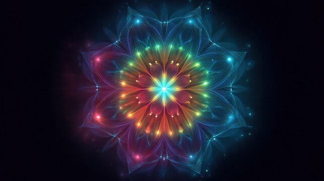 Colorful fractal flower with a radial glow on dark, blooming symmetrically