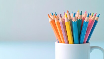 Fototapeta premium Vibrant colored pencils in white mug provide creative inspiration for artists and educators alike
