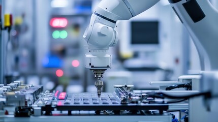 A robotic arm performing intricate tasks on an assembly line in a modern factory, showcasing automation.