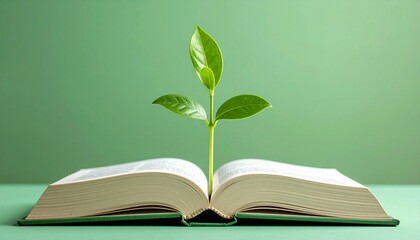 Fresh green sprout growing from an open book symbolizes knowledge, education, and new beginnings