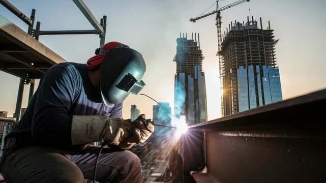 construction worker in protective mask and gloves welds steel beam creating bright sparks and smoke High-rise buildings and cranes rise against golden sunset sky