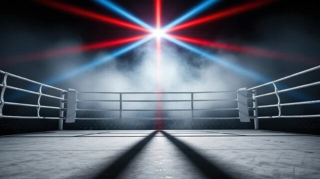 desolate boxing ring featuring stark white ropes and posts Intense red and blue lights converge cutting through dense smoke above luminous central point casting deep shadows onto the canvas