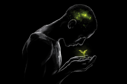 Man silhouette holding glowing seedling representing inner idea growth