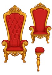 Majestic thrones and royal footstool set in ornate gold and red design luxury vector