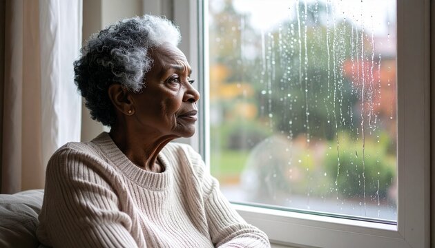 Thoughtful mature woman gazing out rainy window in cozy home, lost in reflection on a dreary day