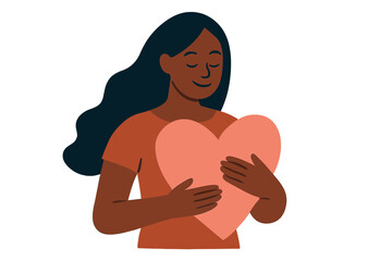 Beautiful black woman holding a big heart. Love, self care, kindness, and support concept. Isolated abstract flat vector illustration for mental health and charity.