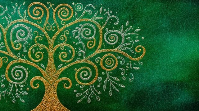 Beautiful ornate stylized tree with intricate swirling branches and leaves on a textured deep green background, mystical fantasy art design