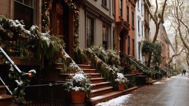 Charming snow-covered brownstone street with festive holiday decorations, green garlands, and cozy stoops in winter