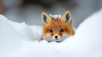 Obraz premium A small, cute animal (e.g., a fox cub or rabbit) peeking out from snow.