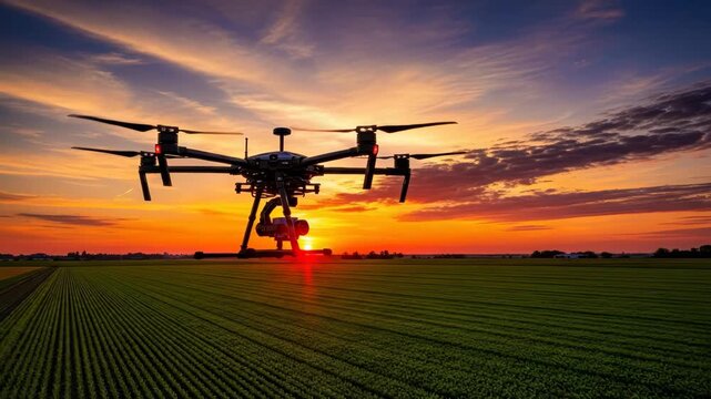 multi-rotor drone with camera hovers over neat rows of vibrant green crops A beautiful sunset paints the sky in vivid orange red and purple with the sun low on the horizon