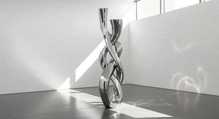 Modern stainless steel sculpture interior exhibition space with natural light creating artistic
