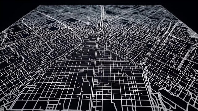 Angled, detailed abstract map shows a grid pattern of white lines against a black surface