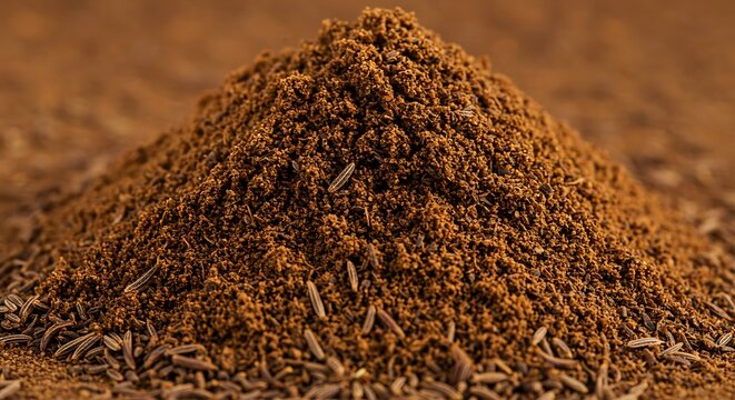 Aromatic cumin powder with whole seeds creating a textured mound, perfect for culinary projects