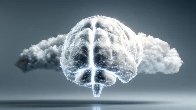 A luminous wireframe brain hovers in the air, seamlessly merging with a soft cloud in the background. This image represents AI, neural networks, and the power of cloud technology