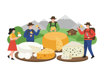 People enjoying a cheese tasting experience amid a picturesque mountain backdrop with various types of cheeses. Ideal for food and travel content creators.
