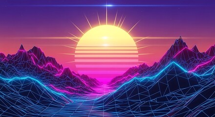 Retrowave landscape featuring a stylized glowing sun over polygonal mountains and cyber horizon